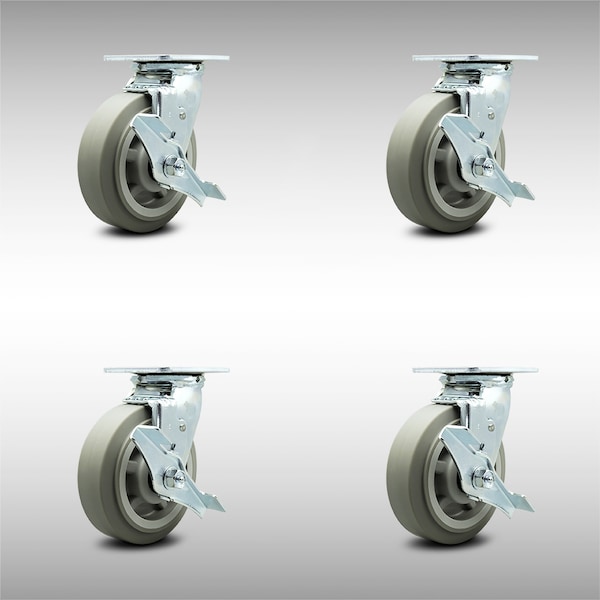 6 Inch SS Thermoplastic Rubber Caster Set with Ball Bearings & Brake/Swivel Lock